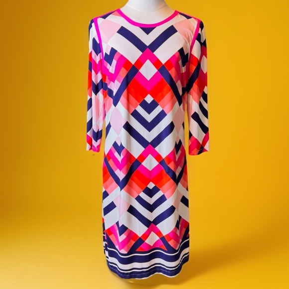 Women's Small Shift Dress Mod Style 3/4 Sleeves Navy Pink Orange White - Picture 1 of 7